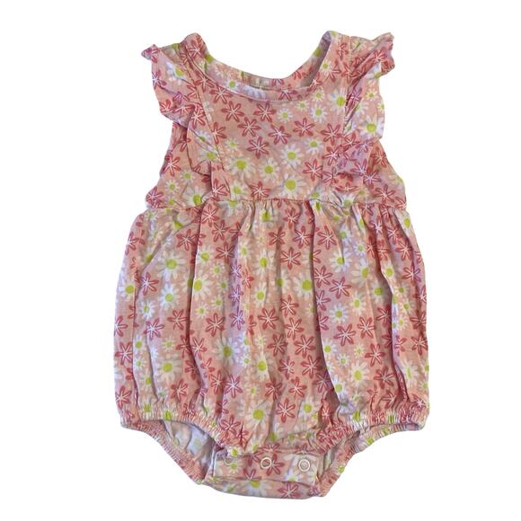 ❤️5/$25 SALE Okie Dokie Pink Daisy Flowers Ruffle Bubble Romper One Piece Outfit - Picture 1 of 7